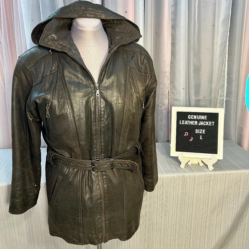 Brown Mid-thigh Customizable 3 Seasons Genuine Leather Jacket - Size L